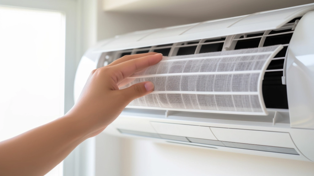 Maintenance concept with air filter being held for cleaning.